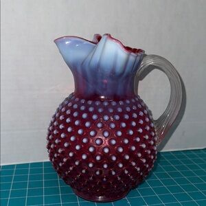 Fenton Pink / Cranberry Opalescent Hobnail Vintage Pitcher Art Glass Approx 8"H